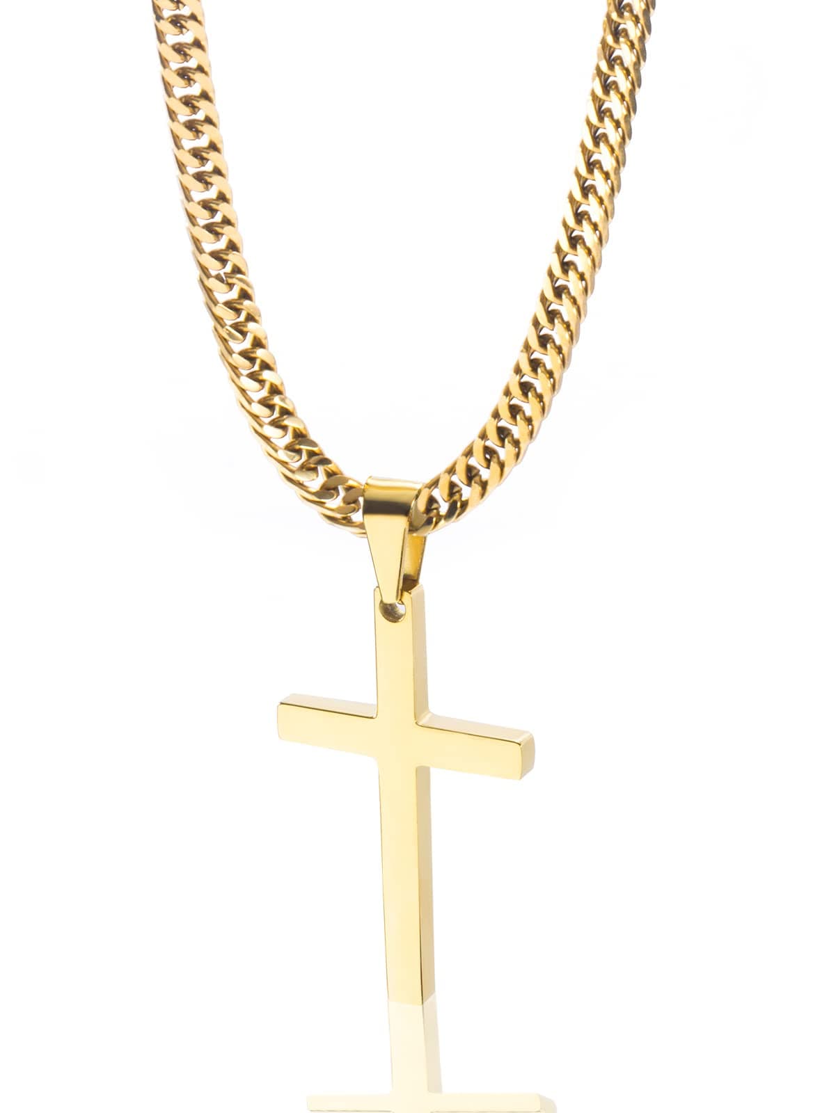 Men's Silver Gold Stainless Steel Plain Cross Pendant Necklace Cuban Chain 18-26 Inch