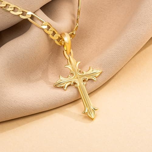 CHLOÉ LOVETT 14K Gold Cross Necklace for Men Figaro Chain