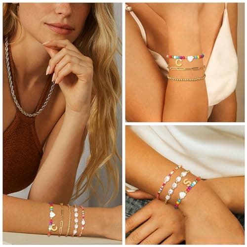 Sanfenly Women's Gold Stackable Pearl Beaded Initial Charm Bracelet (A Letter)