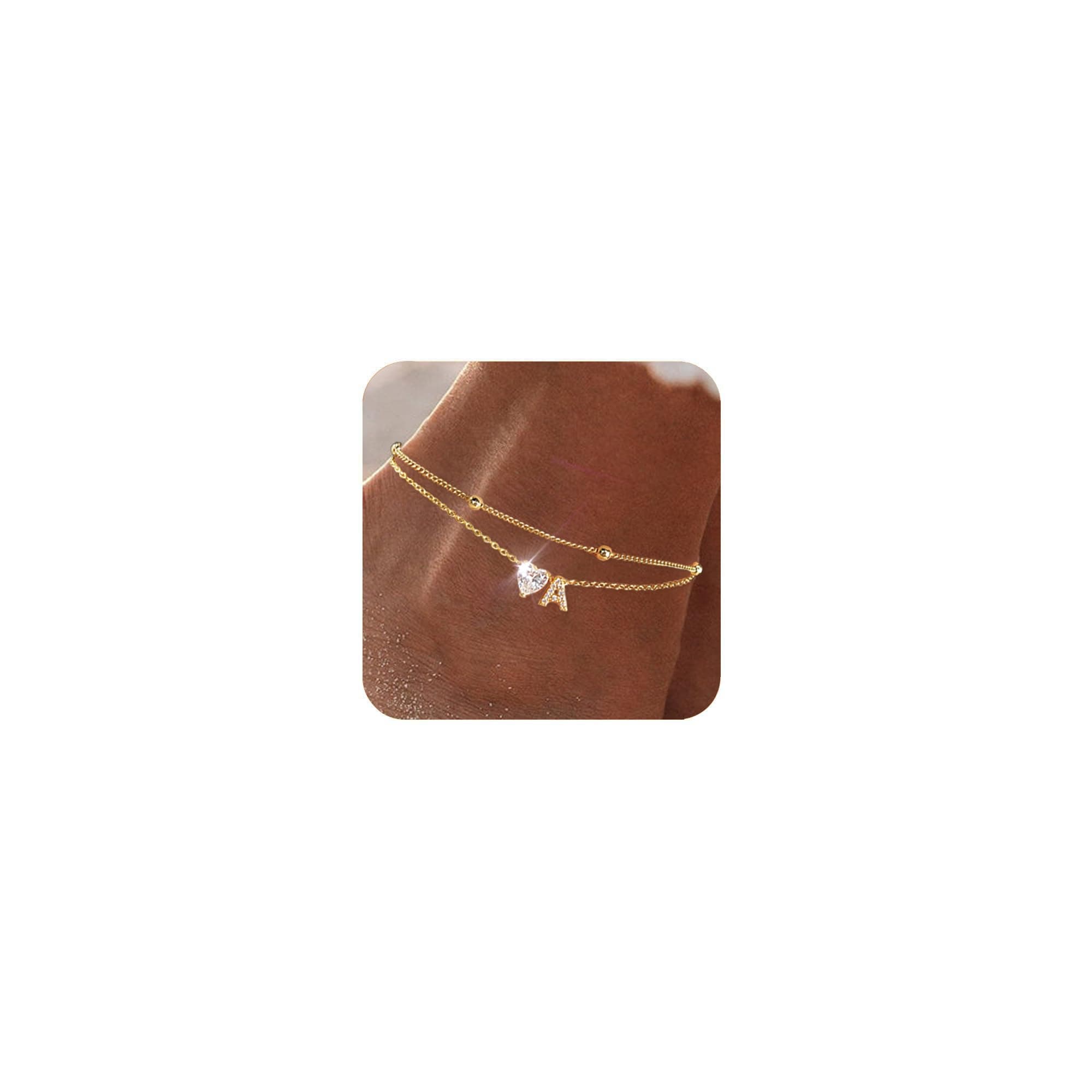 Dainty 14K Gold Plated Initial Anklet for Women