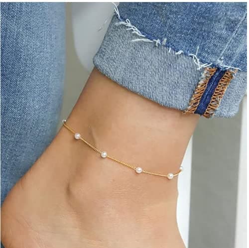 JECOMY 14K Gold Plated Silver Anklet with Pearl CZ Hearts