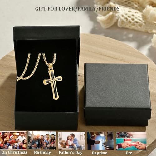 MOOSKI Mens Silver/Gold/Black Cross Necklace, 3mm Chain, Stainless Steel Pendant, Rolo Chain 22-24 Inch