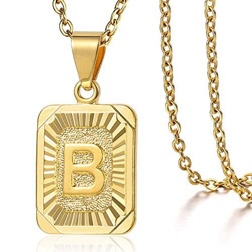 Trendsmax Gold Plated Rectangle Initial Pendant Necklace for Mens and Womens Rolo Chain