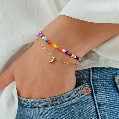 Turandoss Dainty 18K Gold Plated Initial A-Z Layered Bracelet for Women and Teen Girls
