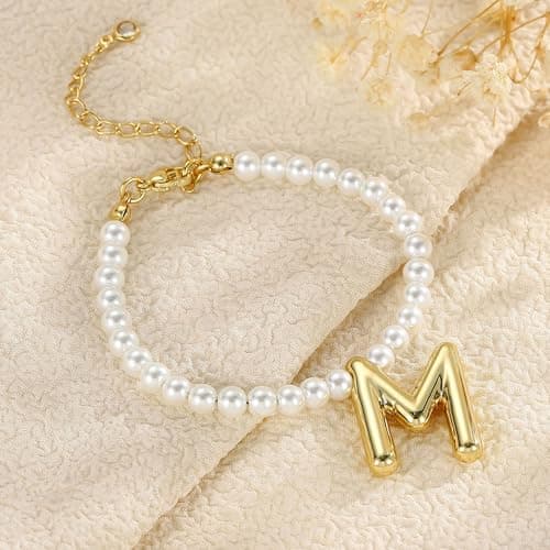 Turandoss Pearl Bubble Initial Bracelets for Women