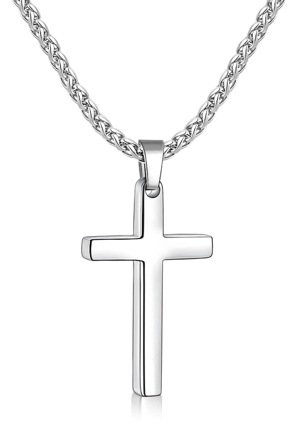 Fiusem Men's Silver Tone Cross Necklace, Stainless Steel Wheat Chain, 16-24 Inch