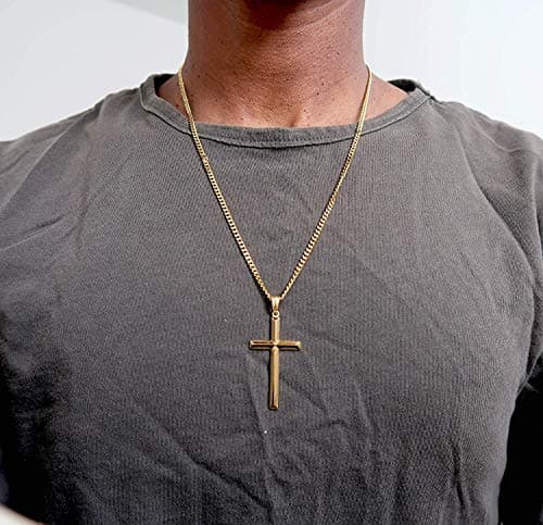 14K Gold Miami Cuban Link Cross Pendant Necklace for Men & Women