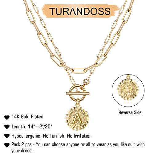 Turandoss 14K Gold Plated Layered Coin Initial Pendant Necklace for Women