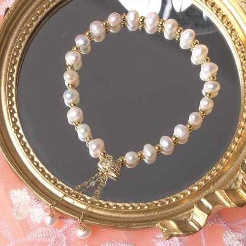 Bossimi 14K Gold Filled Baroque Pearl Adjustables Bracelet for Women Valentine Charm