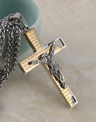 HZMAN Men's Stainless Steel Cross Crucifix Prayer Pendant Necklace 22+2" Chain