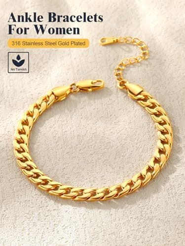 18K Gold or Rose Gold Stainless Steel Heart/Rope/Figaro/Cuban Chain Ankletbracelet, 25-30 CM