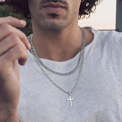 Layered Cross Necklace for Men - 18K Gold Silver Black Stainless Steel Cross Chain