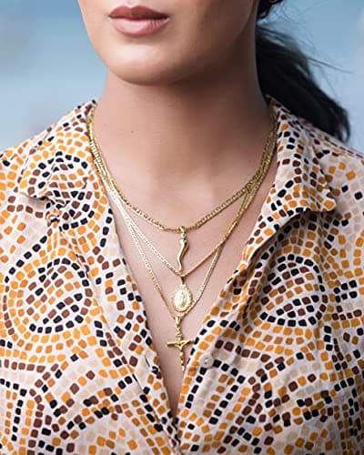 Barzel Cross Necklace 18K Gold Plated Flat Chain for Men & Women