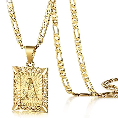 KissYan Initial Letter Pendant Necklace, 14K Gold Plated Square Monogram Figaro Chain Jewelry A-Z