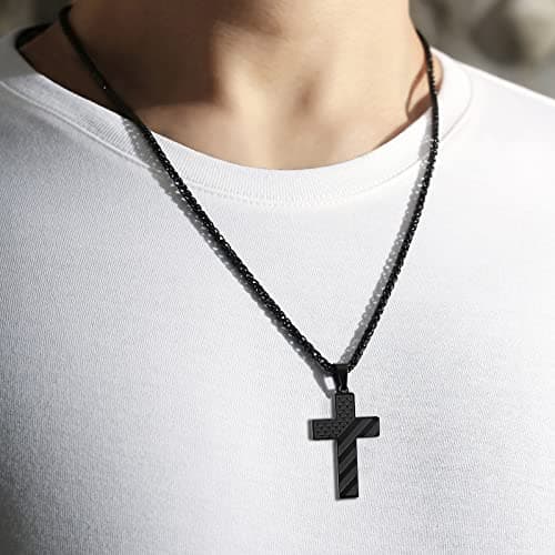 DuoDiner Graduation Gifts: 24-Inch Cross Necklace for Men, Boys, Kids Bible Verse American Flag Pendant