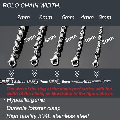 SANNYRA Men's Silver Stainless Steel Chains & Dog Tag Necklaces, 1-7mm Roles, 8-36 inches