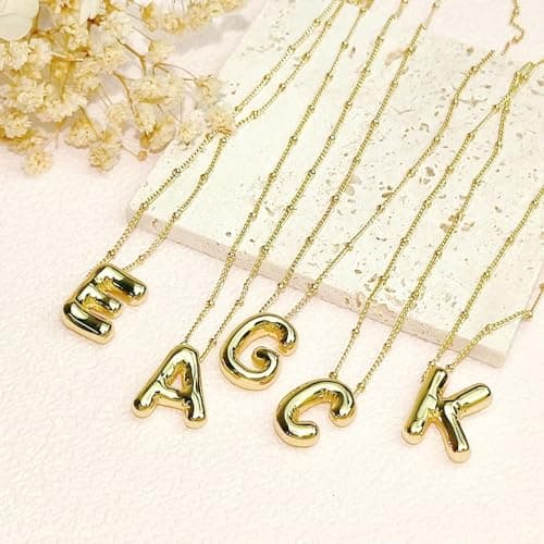 Qyalie Gold Plated Chunky Bubble Initial Letter Necklace for Women