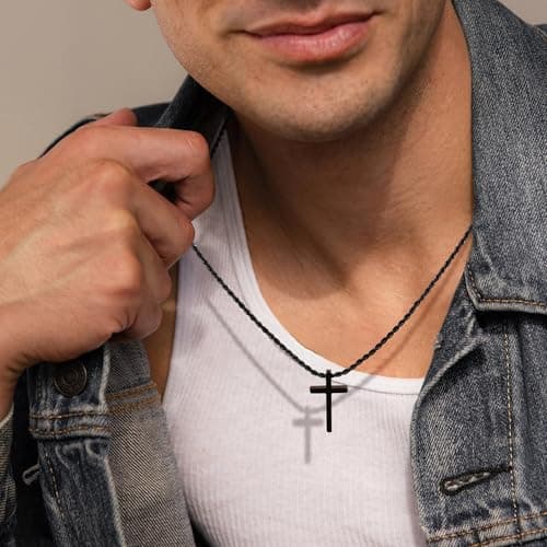 Ailetop Black Silver Gold Cross Necklace, Men's Stainless Steel Rope Chain, 16-24 Inch
