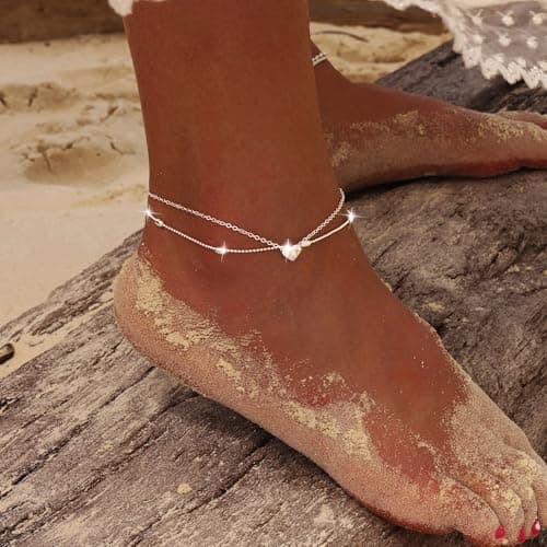 Moodear Silver Anklets for Women - Waterproof Layered Heart Charm Anklet