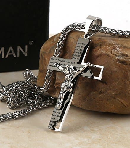 HZMAN Men's Stainless Steel Cross Crucifix Bible Prayer Pendant Necklace