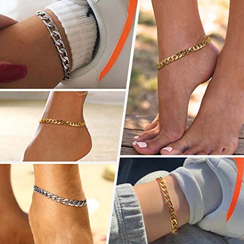 Richsteel Women's Wheat Chain Anklets, Cuban/Figaro/Spiga, 18K Gold Plated, Beach Waterproof