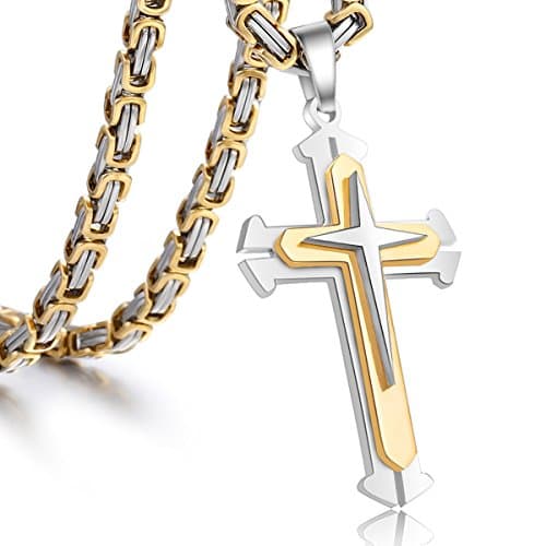 Trendsmax Men's Gold & Silver Stainless Steel Byzantine Cross Pendant Necklace 22-30inch