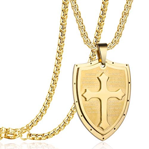 Stainless Steel Shield Armor of God Cross Pendant Necklace Black Silver 24" Chain