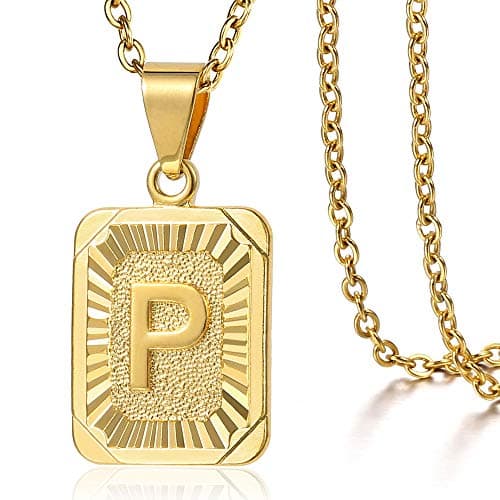 Trendsmax Gold Plated Rectangle Initial Pendant Necklace for Mens and Womens Rolo Chain
