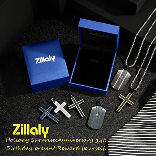 Zillaly Men's Stainless Steel Cross Necklace, Two-Tone Black & Blue Pendant - Gift Box Included
