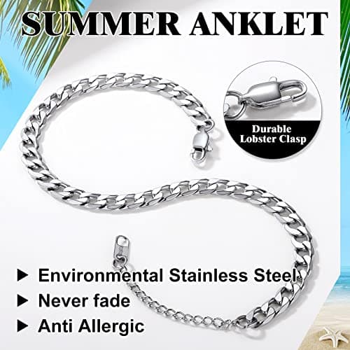 Richsteel Women's Wheat Chain Anklets, Cuban/Figaro/Spiga, 18K Gold Plated, Beach Waterproof