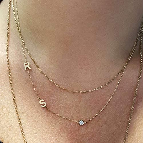 JEWEE 14k Gold Sideways Initial Solitaire Diamond Necklace, Personalized Birthstone Bridesmaid Gift