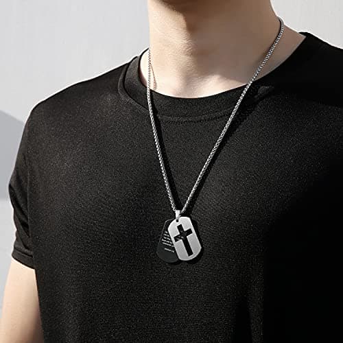 P. Blake Men's Stainless Steel Dog Tag Cross Necklace with Wheat Chain Valentine's Day Jewelry