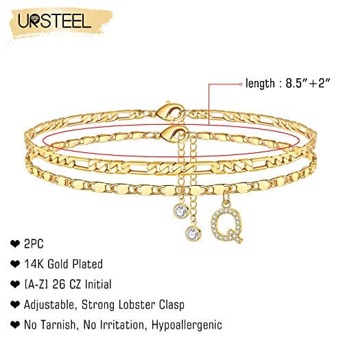 Ursteel 14K Gold Plated Dainty Chain CZ Anklets Set for Women