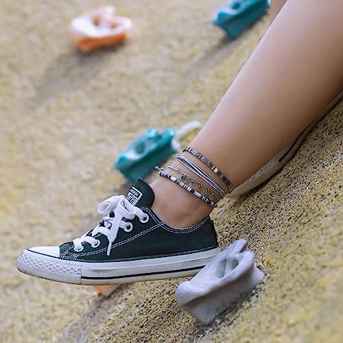 Fancy Shiny Waterproof Boho Anklet Set with Clay Beads & Stainless Steel Coins for Women