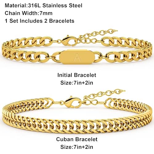 AOSPkle 2PCS Initial Letter Cuban Bracelet Set Gold Stainless Steel for Men Women