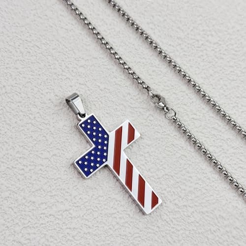Ironkoi Men's 18+2 Inch Stainless Steel American Flag Cross Necklace with Bible Verse - Christian Gift