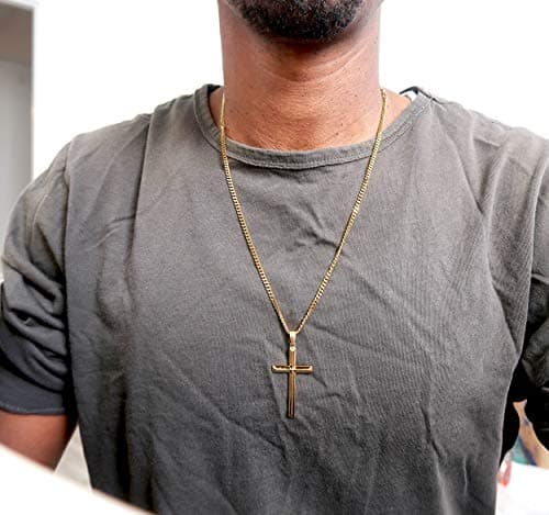 24K Gold Cuban Link Cross Pendant Necklace for Men Diamond Cut Religious
