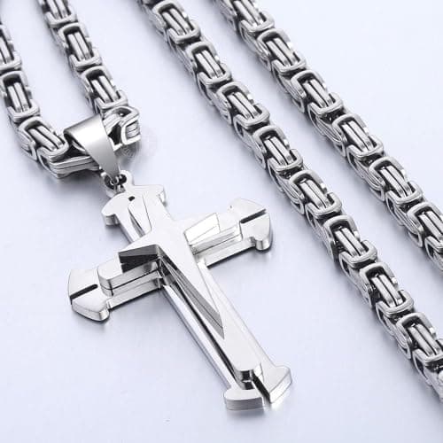 Trendsmax Men's Gold & Silver Stainless Steel Byzantine Cross Pendant Necklace 22-30inch