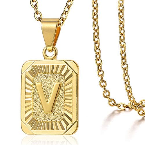 Trendsmax Gold Plated Rectangle Initial Pendant Necklace for Mens and Womens Rolo Chain