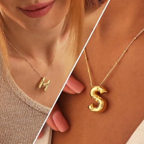 Qyalie Gold Plated Chunky Bubble Initial Letter Necklace for Women