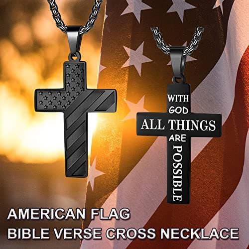 ZRAY American Flag Cross Necklace for Men Stainless Steel Chain Patriotic Jewelry