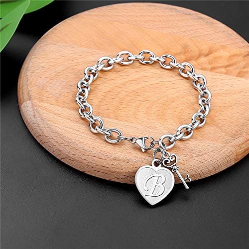 Stainless Steel Engraved Heart Initial Bracelet - Birthday Christmas Gift for Women & Teen Girls