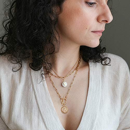 Turandoss Gold Plated Layered Necklace for Women Coin Initial Pendant