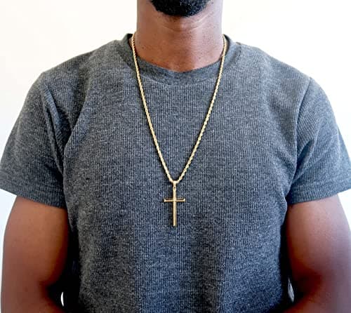 ADORATO 14K Gold Rope Chain Cross Pendant Necklace for MEN