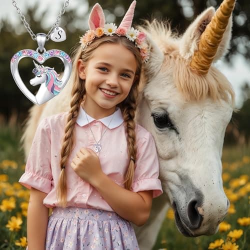 Silver Heart Unicorn Necklace with Initial CZ - Gift for Girls, Teen, andKids