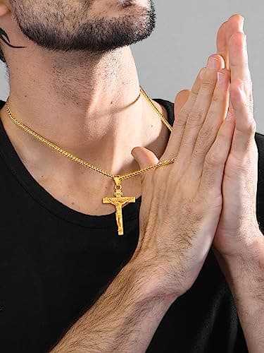 Antique U7 Men's Crucifix Necklace, 18K Gold Tone & Stainless Steel, 22" Chain, Gift Packed