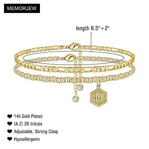 14K Gold Plated Initial Anklet Bracelets for Women