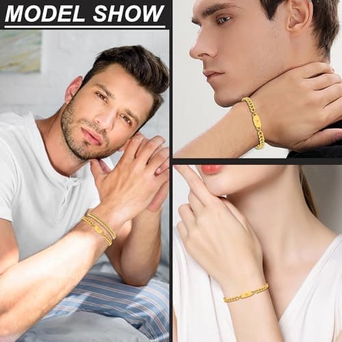 AOSPkle 2PCS Initial Letter Cuban Bracelet Set Gold Stainless Steel for Men Women