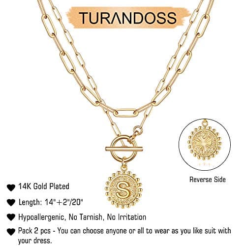 Turandoss Gold Plated Layered Necklace for Women Coin Initial Pendant