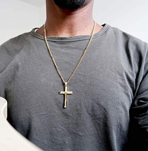 Miami Cuban Link Diamond Cut 18K Gold Chain Cross Pendant Necklace